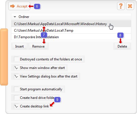 Settings window of the program FileShredder