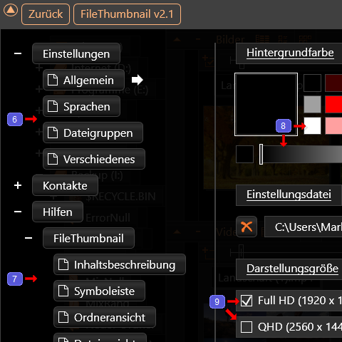 Einstellungen im Programm FileThumbnail