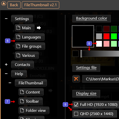 Settings in the FileThumbnail program